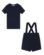 Navy blue t-shirt and shorts with suspenders on a white background