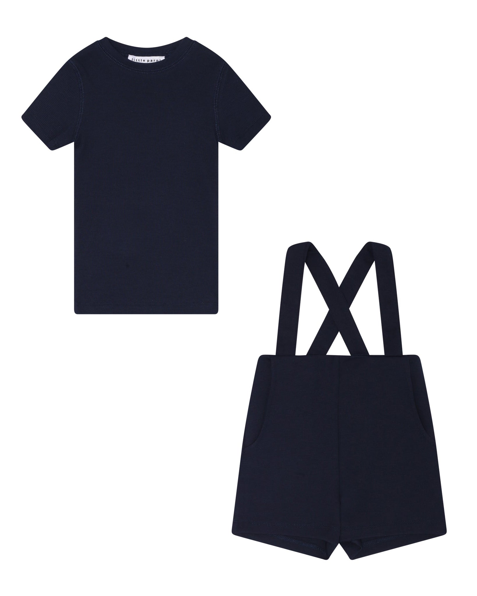 Navy blue t-shirt and shorts with suspenders on a white background