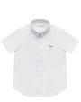 White short-sleeve shirt with brand logo on a white background