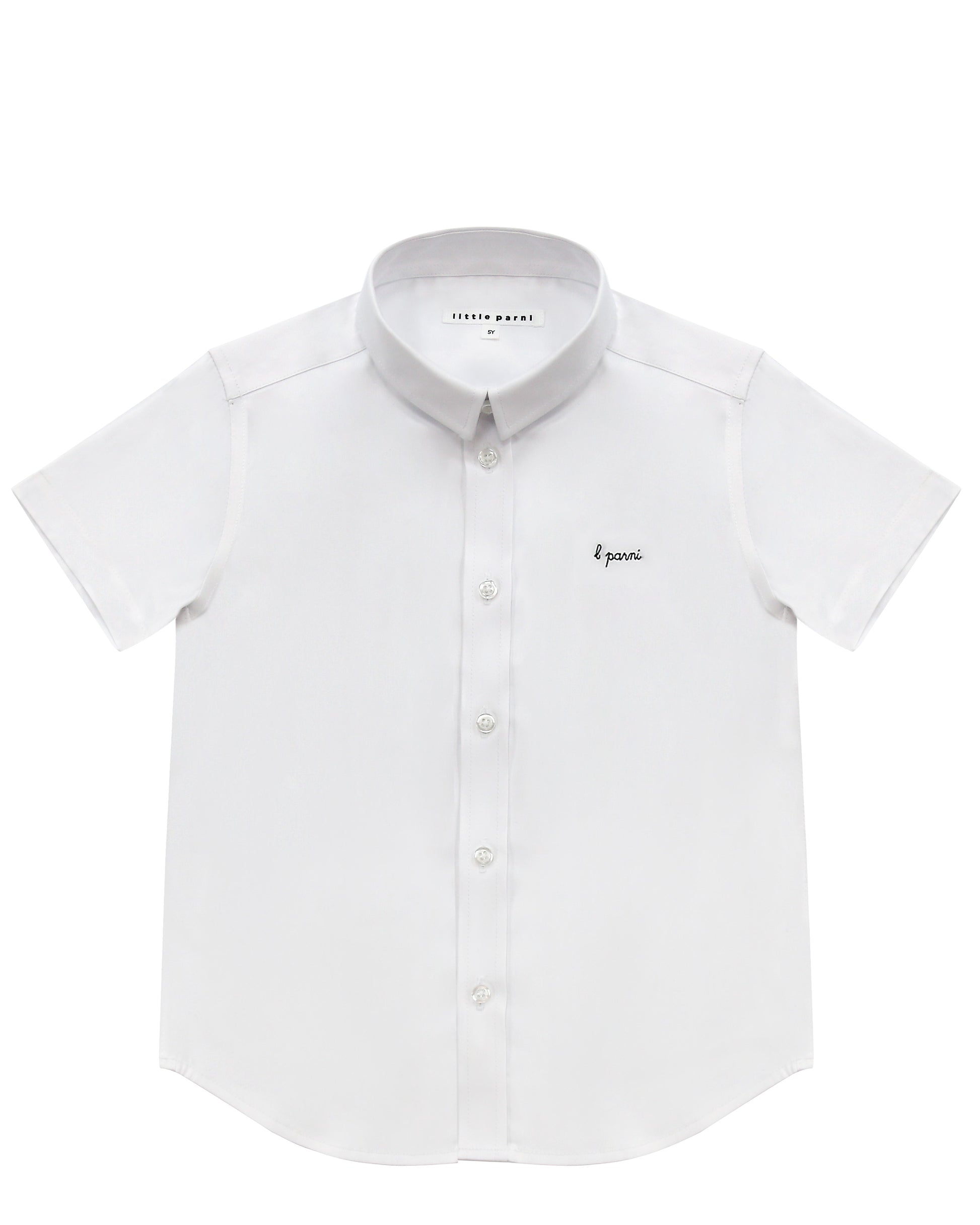 White short-sleeve shirt with brand logo on a white background