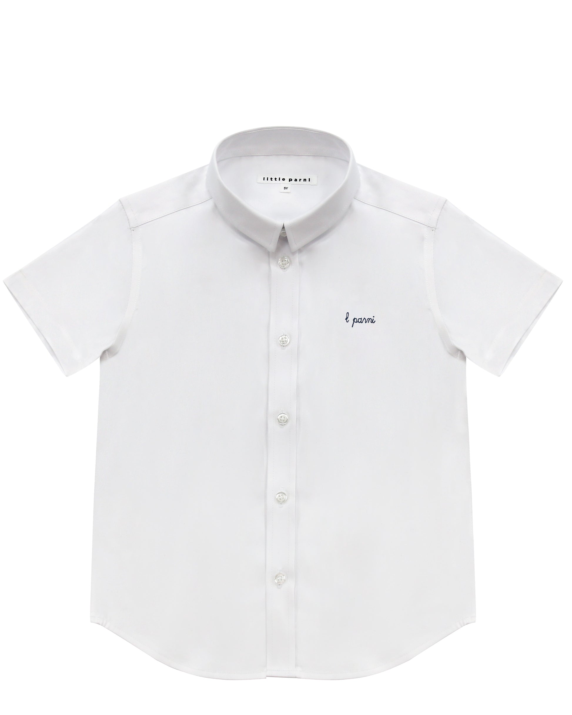 White short-sleeve shirt with brand logo on a white background