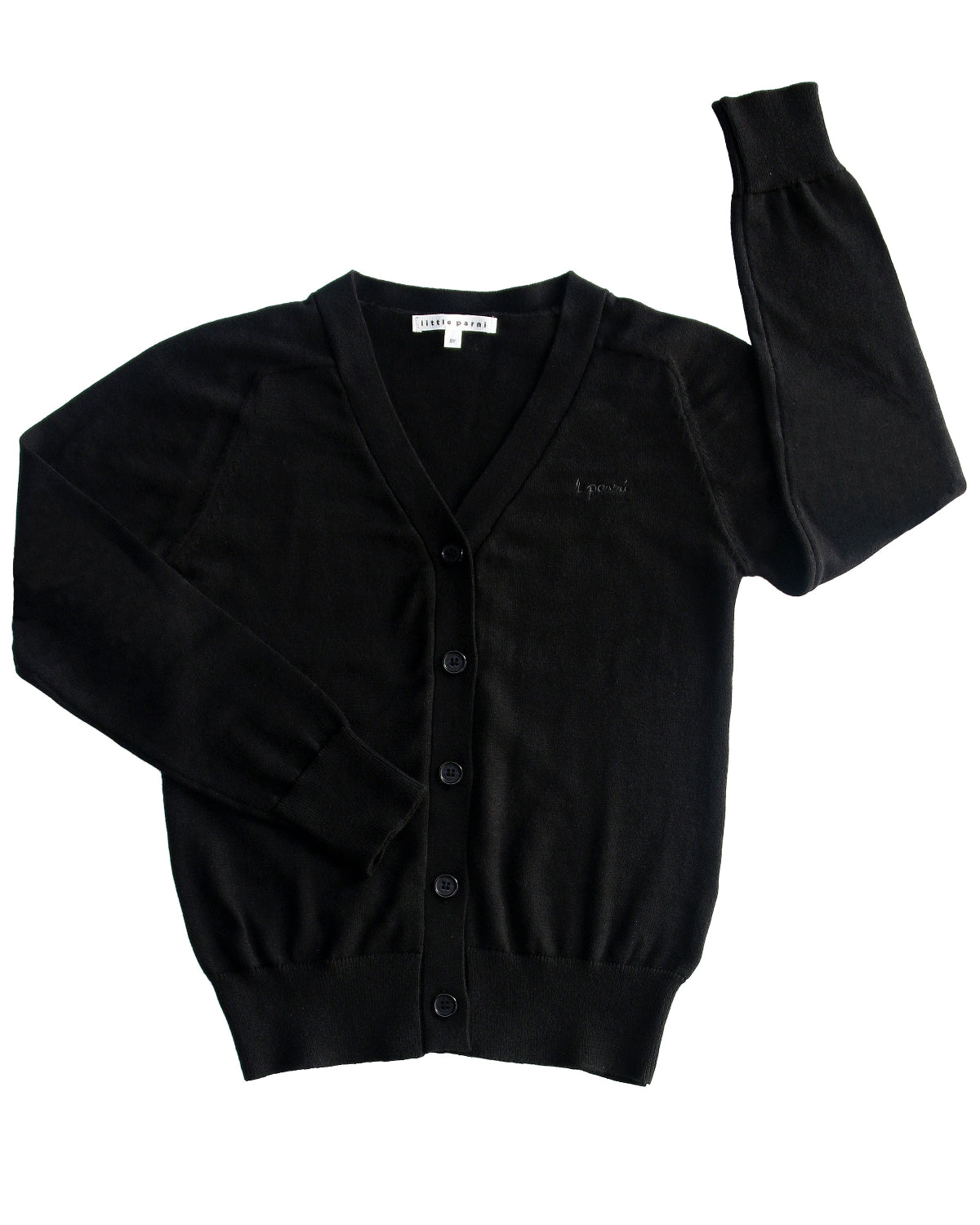 Black cardigan with buttons on a white background