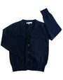 Navy blue cardigan with buttons on a white background