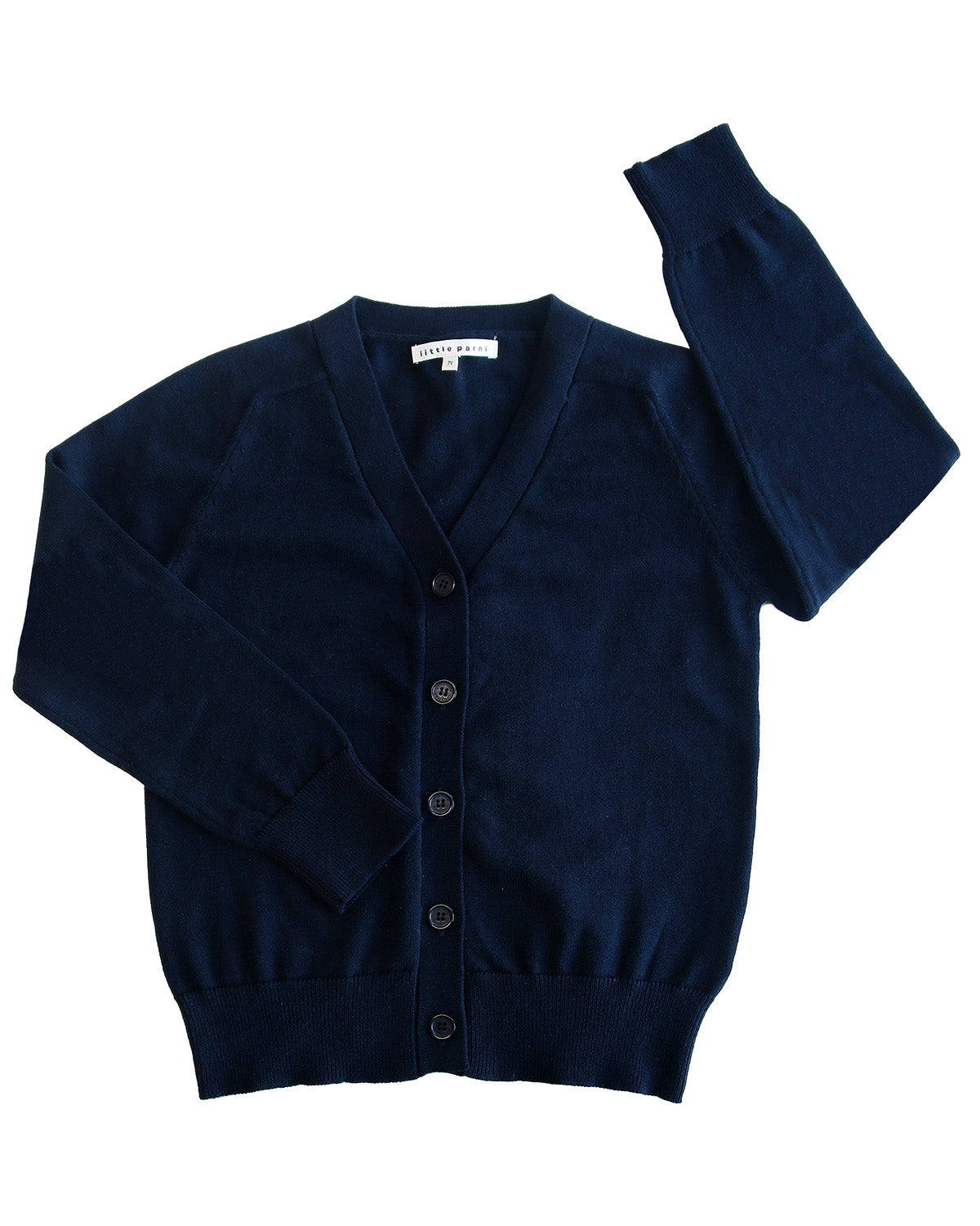 Navy blue cardigan with buttons on a white background