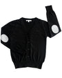 Black cardigan with elbow patches and a matching sleeve on a white background