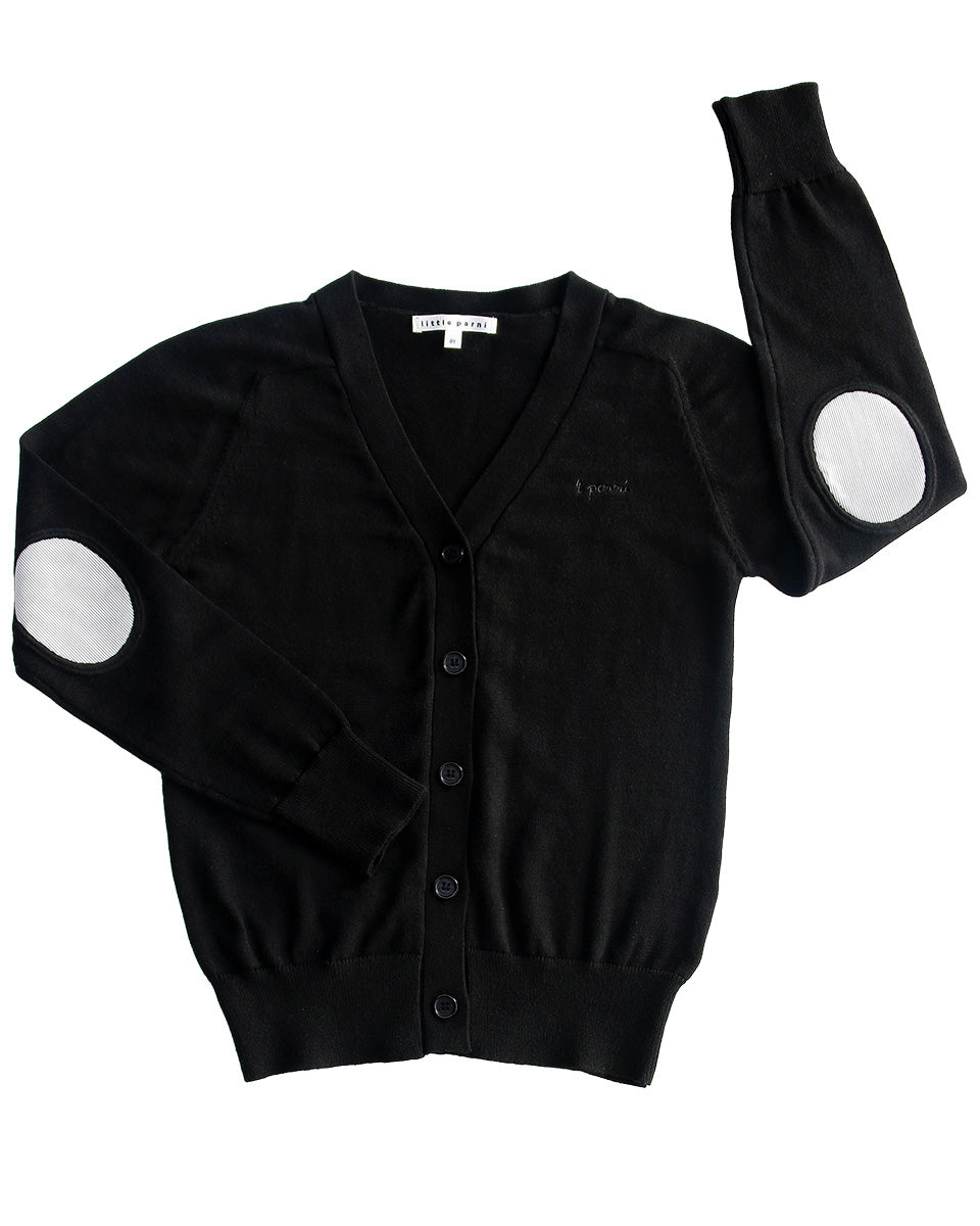 Black cardigan with elbow patches and a matching sleeve on a white background