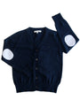 Navy cardigan with white elbow patches on a white background