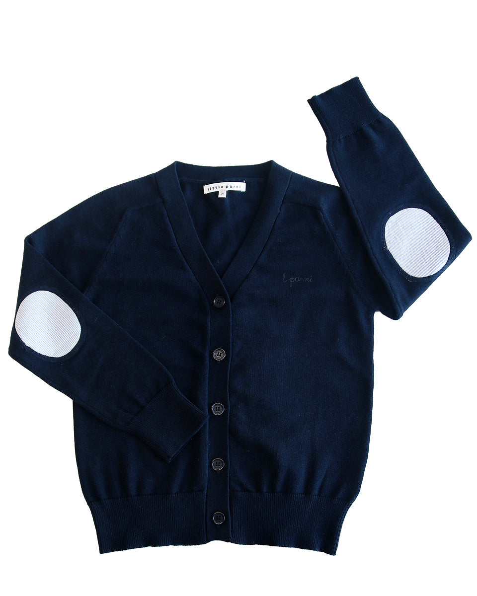 Navy cardigan with white elbow patches on a white background
