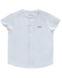 White shirt with black text on a white background