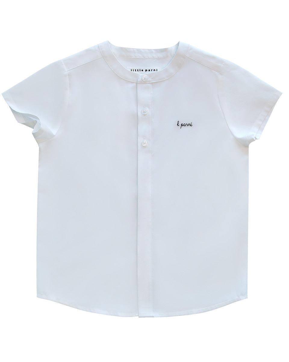 White shirt with black text on a white background