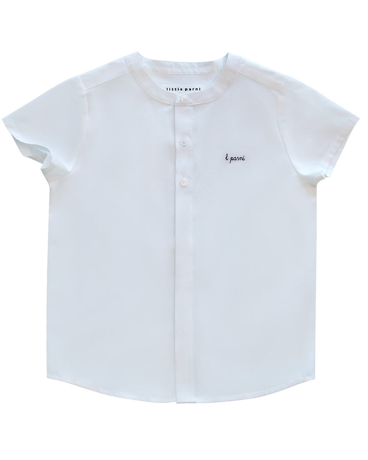 White shirt with black text on a white background