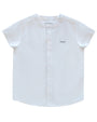 White shirt with navy text on a white background