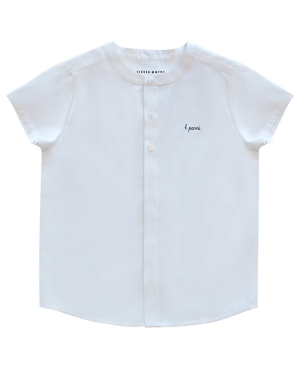 White shirt with navy text on a white background