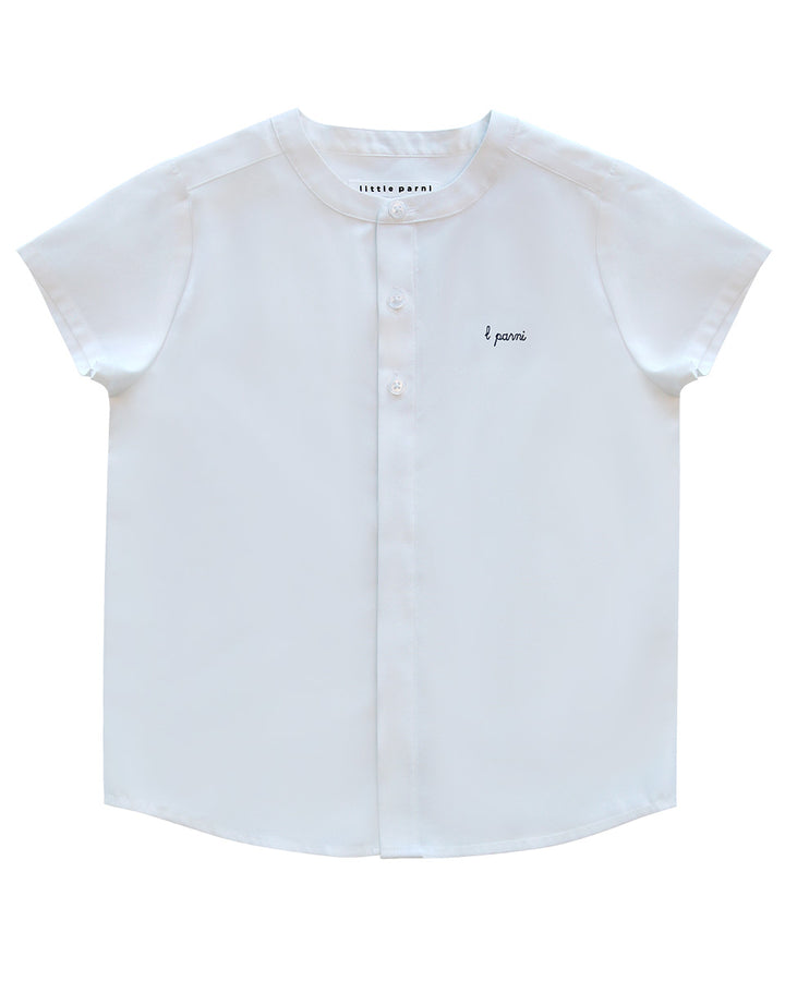 White shirt with navy text on a white background