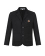 A black boys' blazer jacket with notch lapels, two front buttons, and two front patch pockets. It features a small embroidered crest on the left chest.
