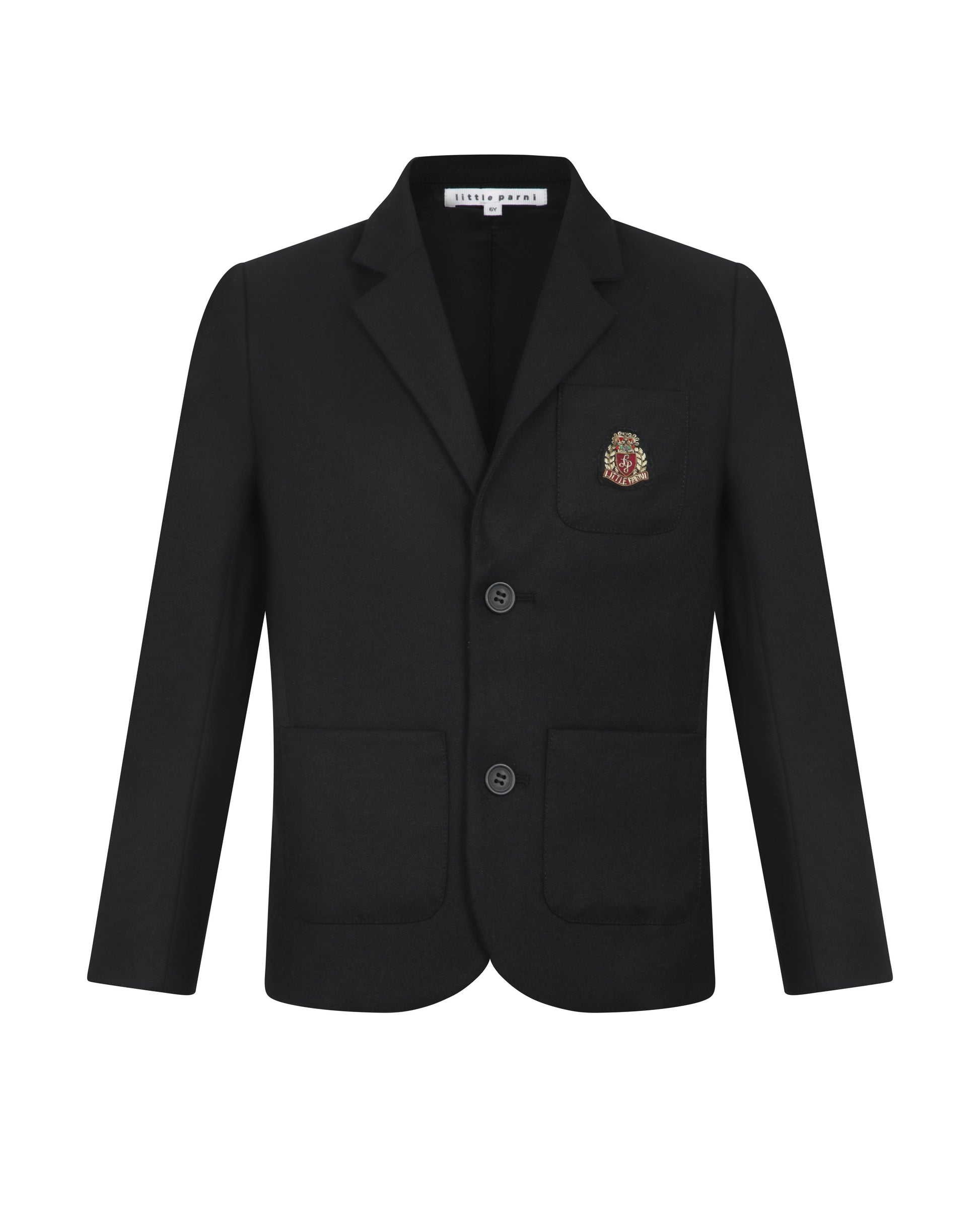 A black boys' blazer jacket with notch lapels, two front buttons, and two front patch pockets. It features a small embroidered crest on the left chest.