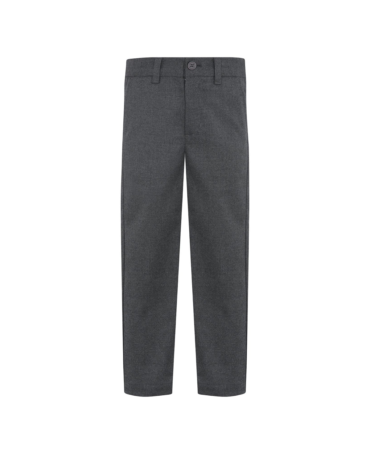 A pair of dark gray heathered trousers shown flat against a solid white background.