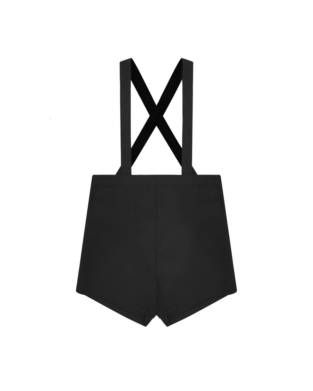 A black bib-style harness or bodysuit with wide shoulder straps crossing in an X shape at the top, shown flat against a solid white background.