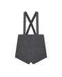 A dark gray fabric tote bag with wide shoulder straps that cross in an X shape at the top, shown against a plain white background.