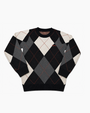 A long-sleeve crewneck sweater featuring a black, gray, and cream argyle pattern with thin red intersecting lines, displayed flat against a light gray background.