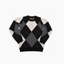A long-sleeve crewneck sweater featuring a black, gray, and cream argyle pattern with thin red intersecting lines, displayed flat against a light gray background.