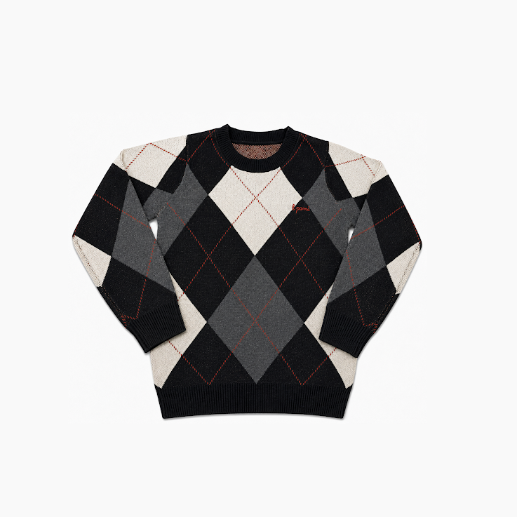 A long-sleeve crewneck sweater featuring a black, gray, and cream argyle pattern with thin red intersecting lines, displayed flat against a light gray background.
