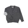 A dark gray knit cardigan sweater for children, featuring a V-neck, button closure, ribbed cuffs and hem, and a contrasting light gray elbow patch.
