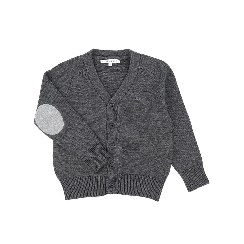 A dark gray knit cardigan sweater for children, featuring a V-neck, button closure, ribbed cuffs and hem, and a contrasting light gray elbow patch.