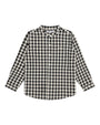 A long-sleeve button-up shirt with a black and beige gingham check pattern, laid flat against a white background.