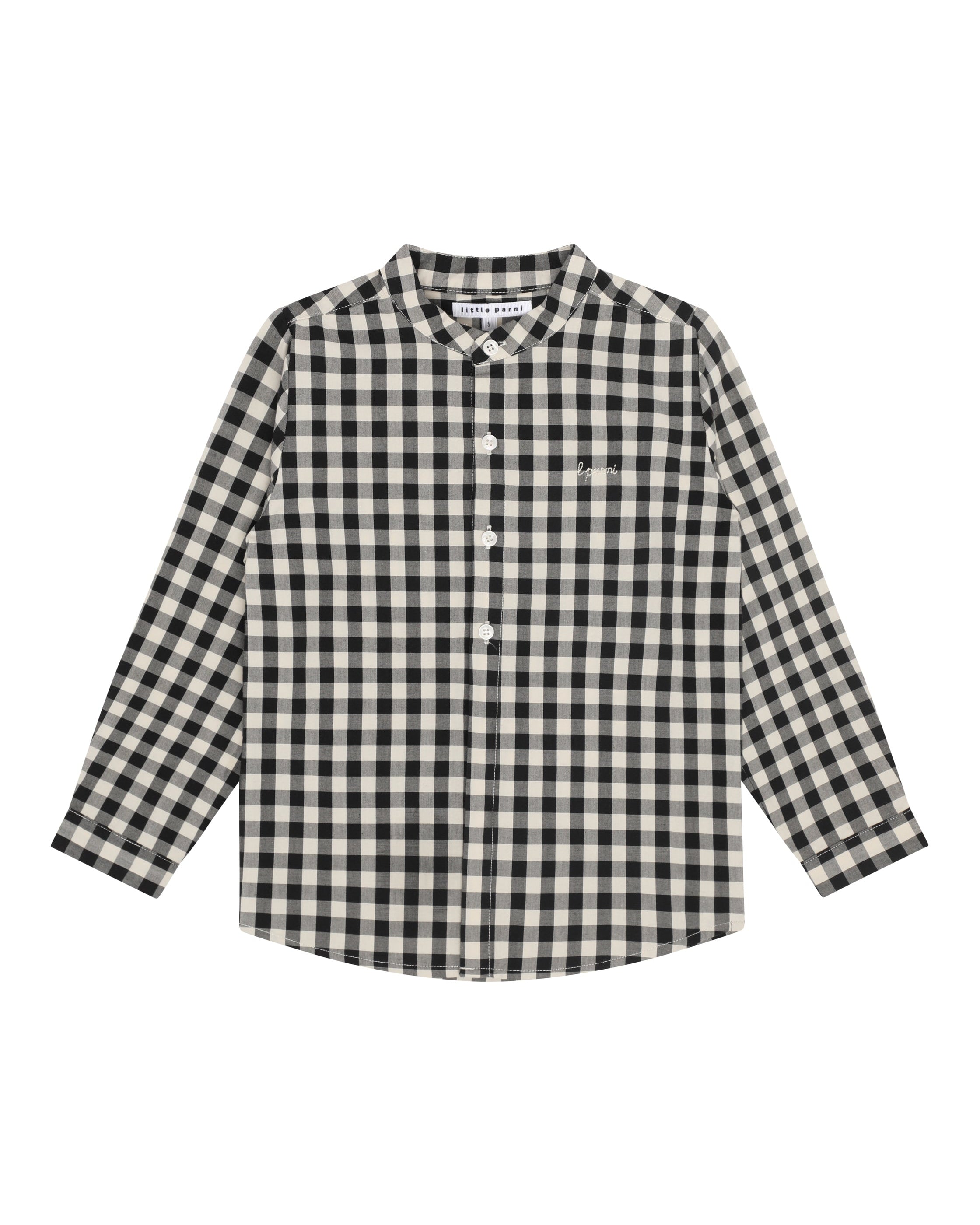 A long-sleeve button-up shirt with a black and beige gingham check pattern, laid flat against a white background.