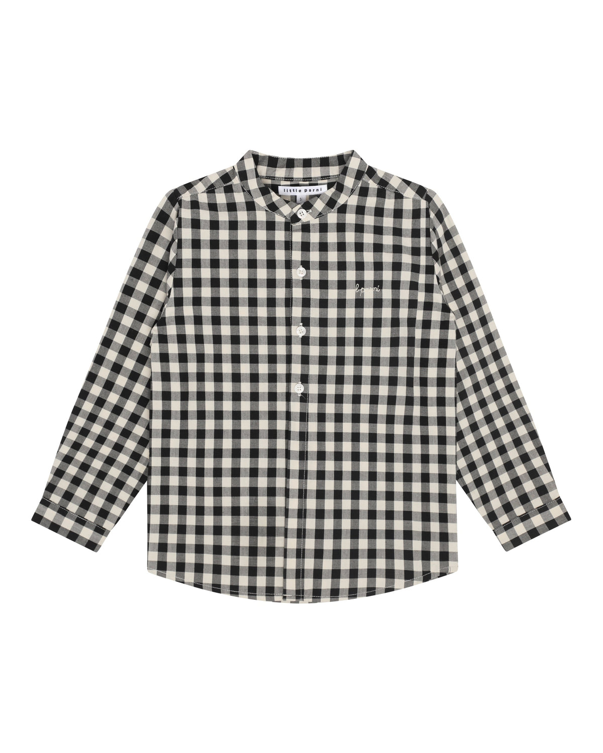 A long-sleeve button-up shirt with a black and beige gingham check pattern, laid flat against a white background.
