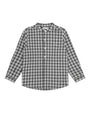 A long-sleeve button-up shirt with a gray and white gingham check pattern, displayed flat against a solid white background.