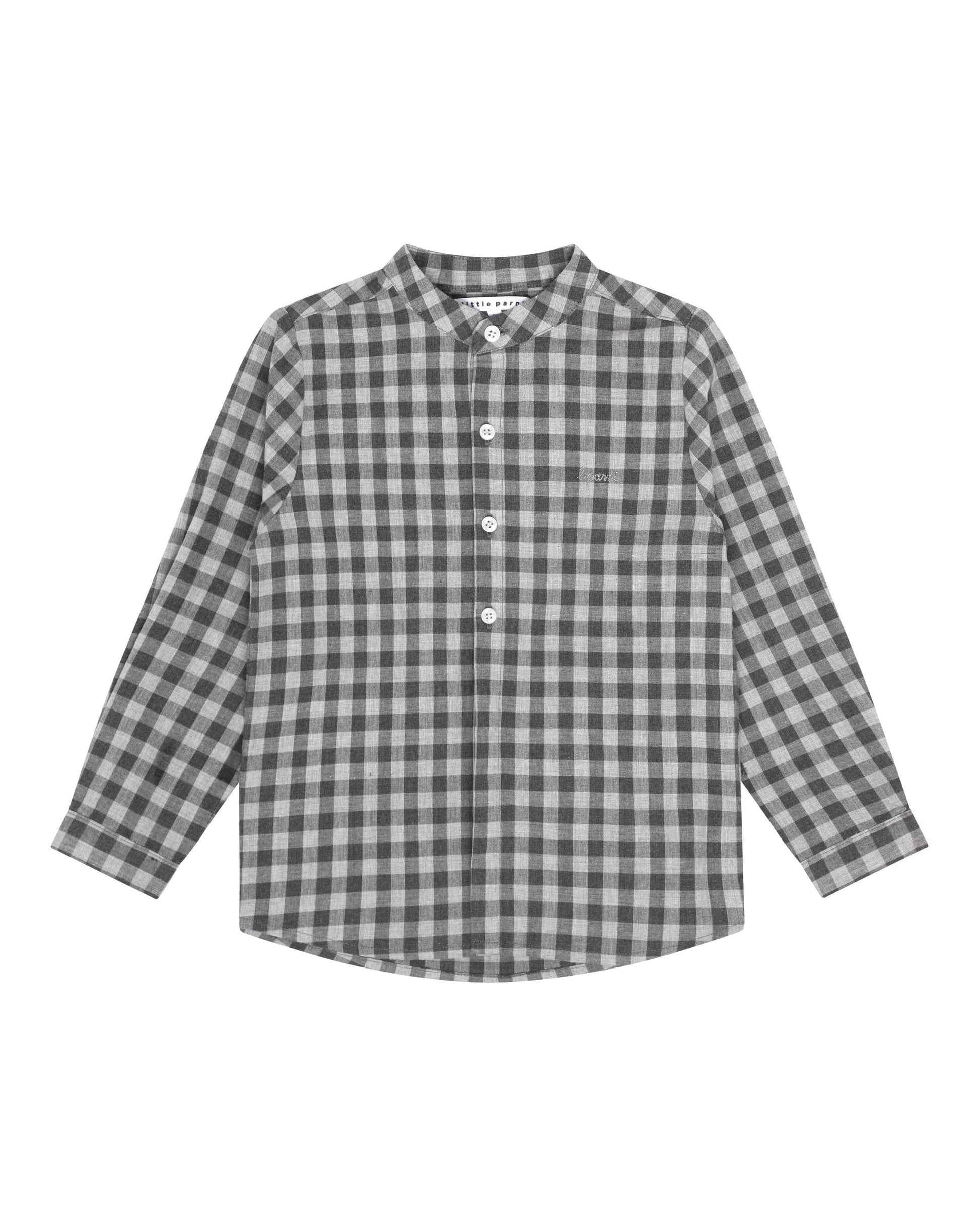 A long-sleeve button-up shirt with a gray and white gingham check pattern, displayed flat against a solid white background.
