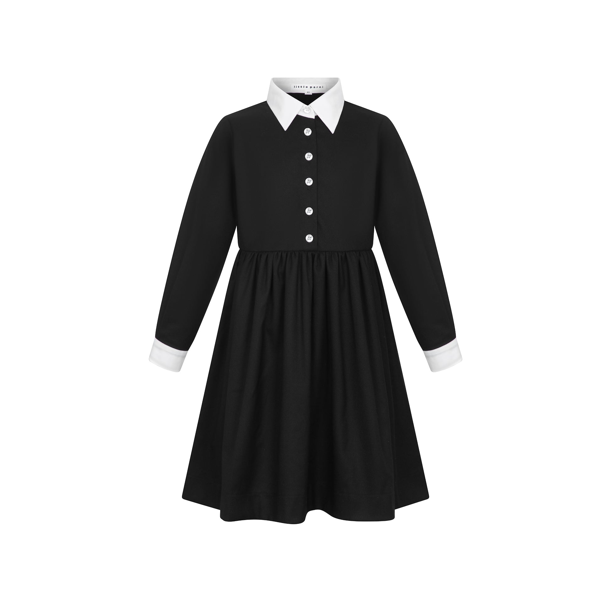 A black long-sleeve dress with a white pointed collar, white button placket, and white turned-back cuffs, shown on a plain white background.