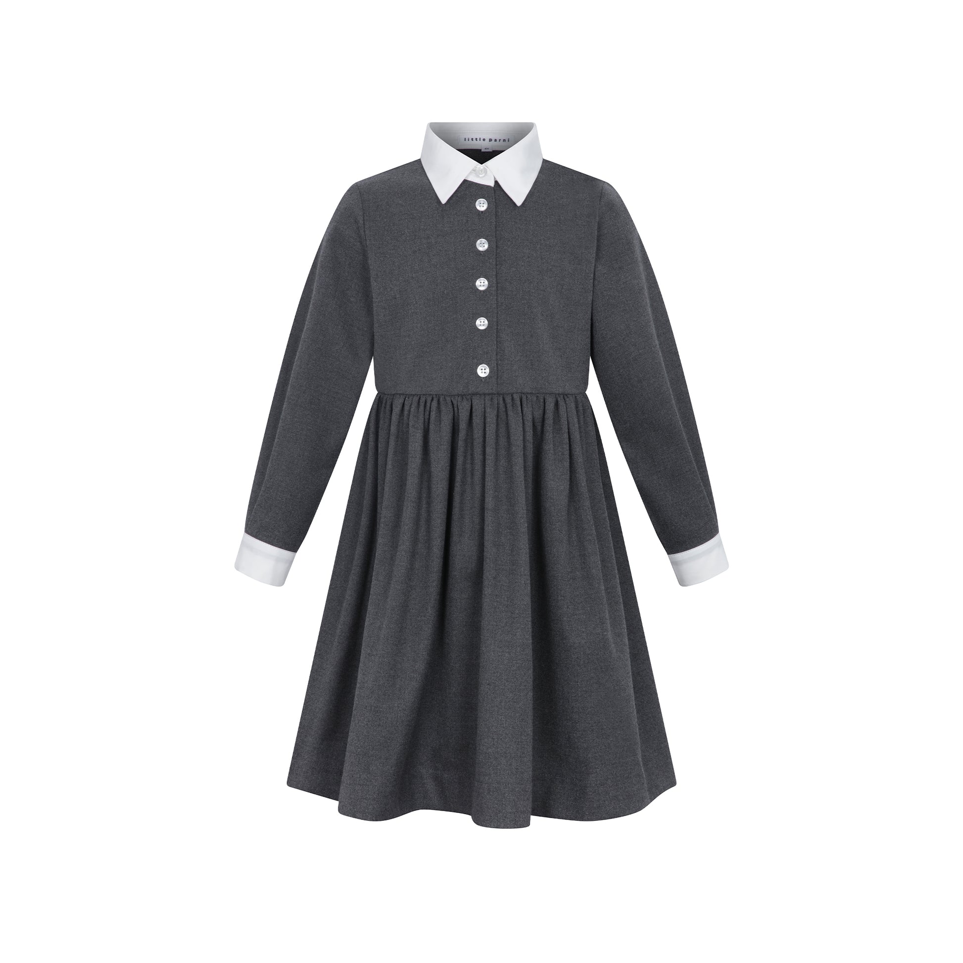 A dark gray long-sleeve dress with a white pointed collar, white buttons down the front, and white cuffs, shown on a plain white background.