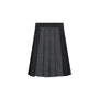 A pleated skirt in dark gray and black, featuring vertical pleats with a solid black waistband, shown against a plain white background.