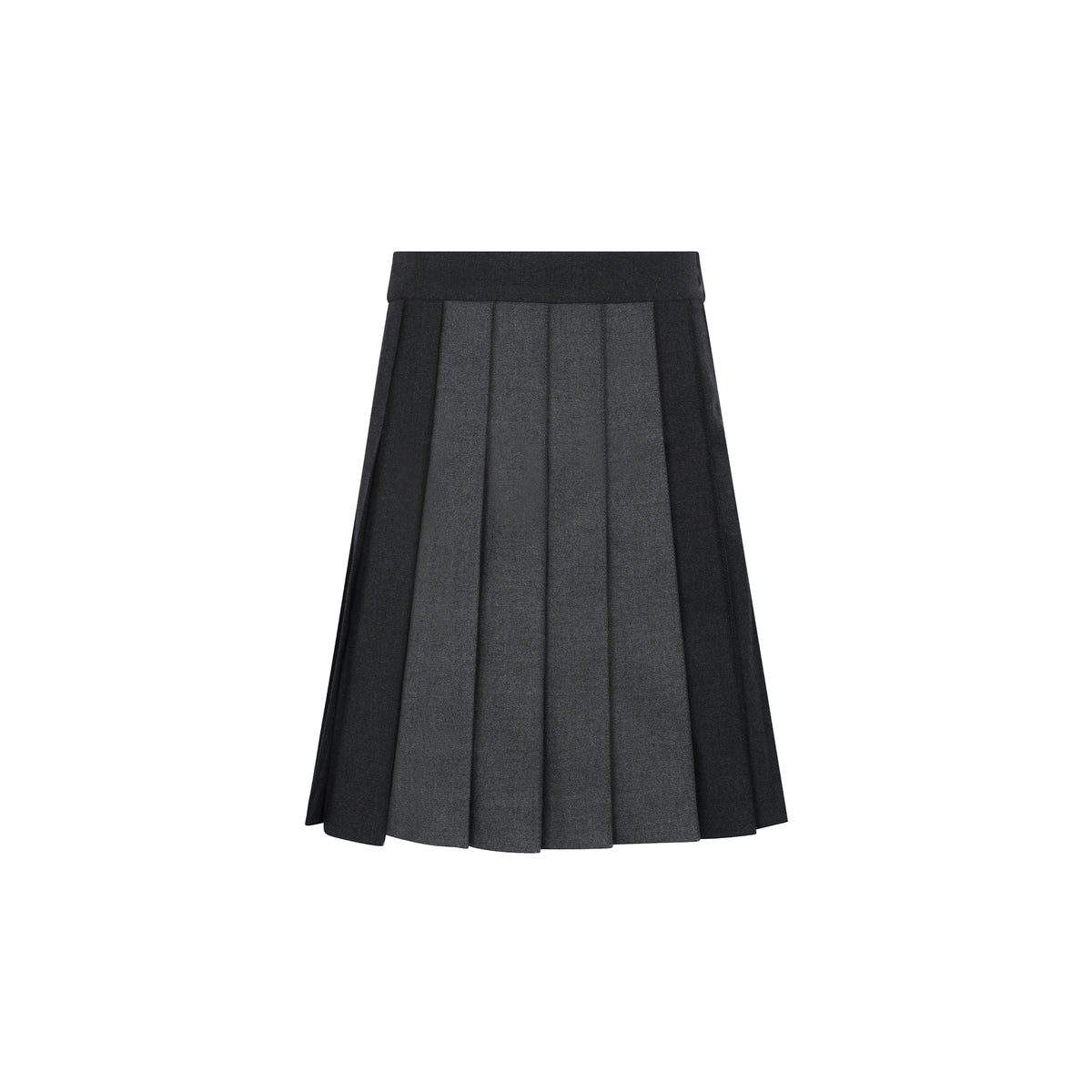 A pleated skirt in dark gray and black, featuring vertical pleats with a solid black waistband, shown against a plain white background.