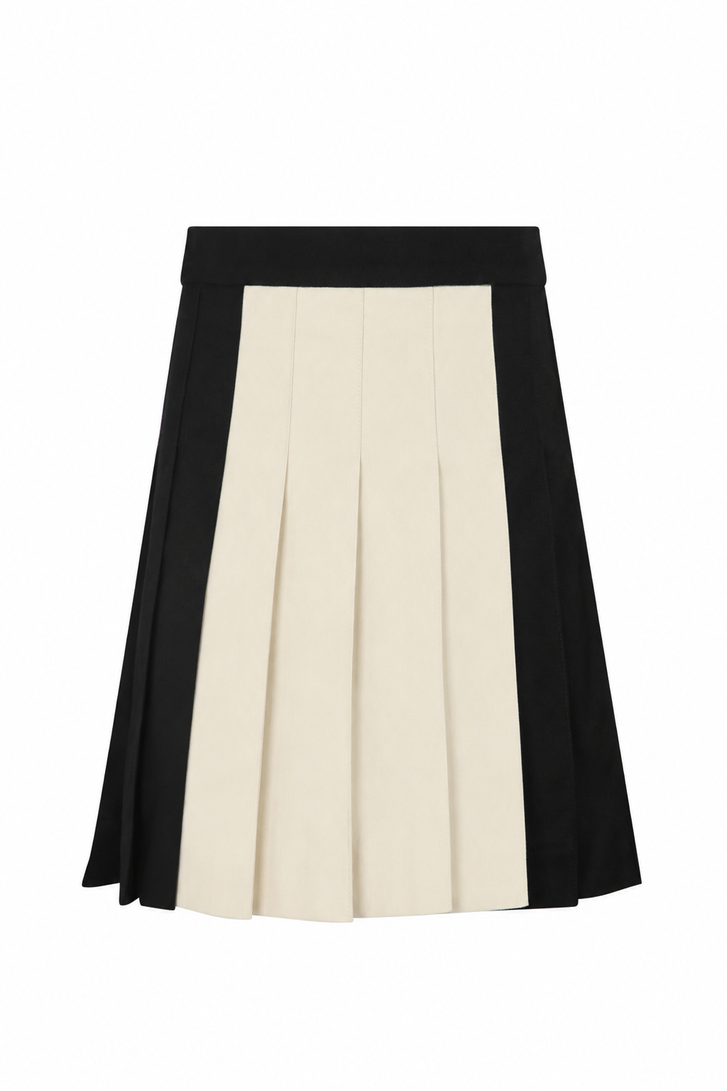 A pleated A-line skirt with a colorblock design, featuring a wide black waistband, a central cream-colored pleated panel, and black side panels, shown against a plain white background.