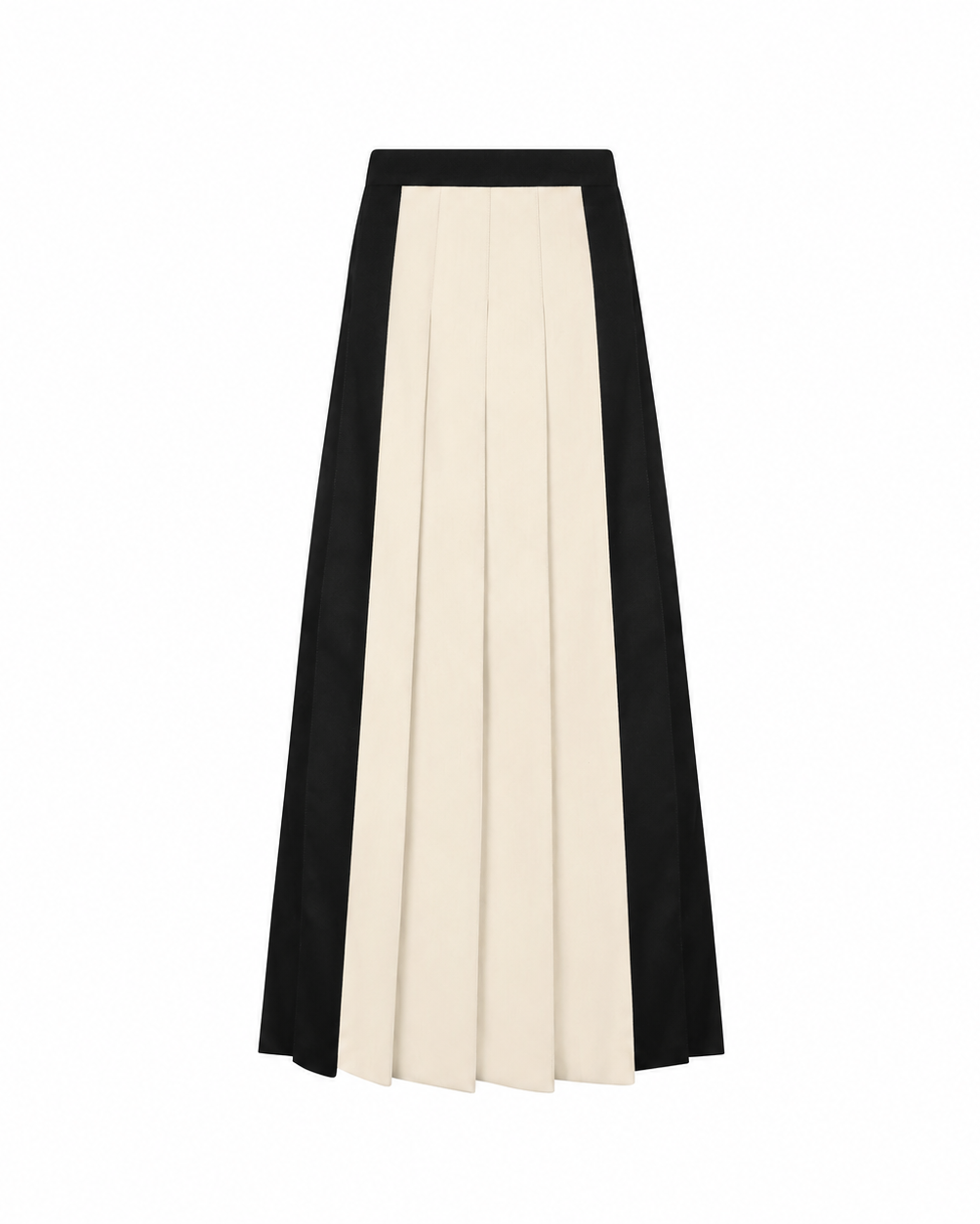 A pleated midi skirt with a color-blocked design, featuring a wide central panel in cream and flanking panels in black, shown against a plain white background.
