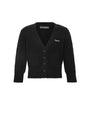 A black ribbed knit cardigan sweater with a V-neck, front button closure, and two front patch pockets. It features a small white embroidered logo on the left chest and a visible 'L Parni' brand label inside the collar, shown against a plain white background.