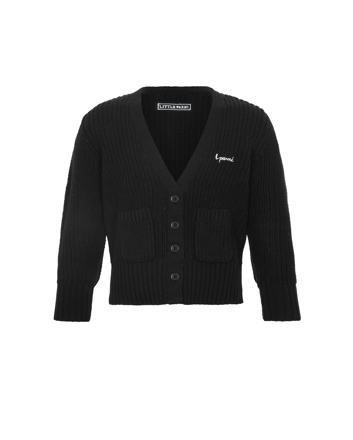 A black ribbed knit cardigan sweater with a V-neck, front button closure, and two front patch pockets. It features a small white embroidered logo on the left chest and a visible 'L Parni' brand label inside the collar, shown against a plain white background.