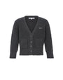 A dark gray ribbed knit cardigan sweater with a V-neck, three-button front closure, and two front patch pockets, shown flat against a white background.