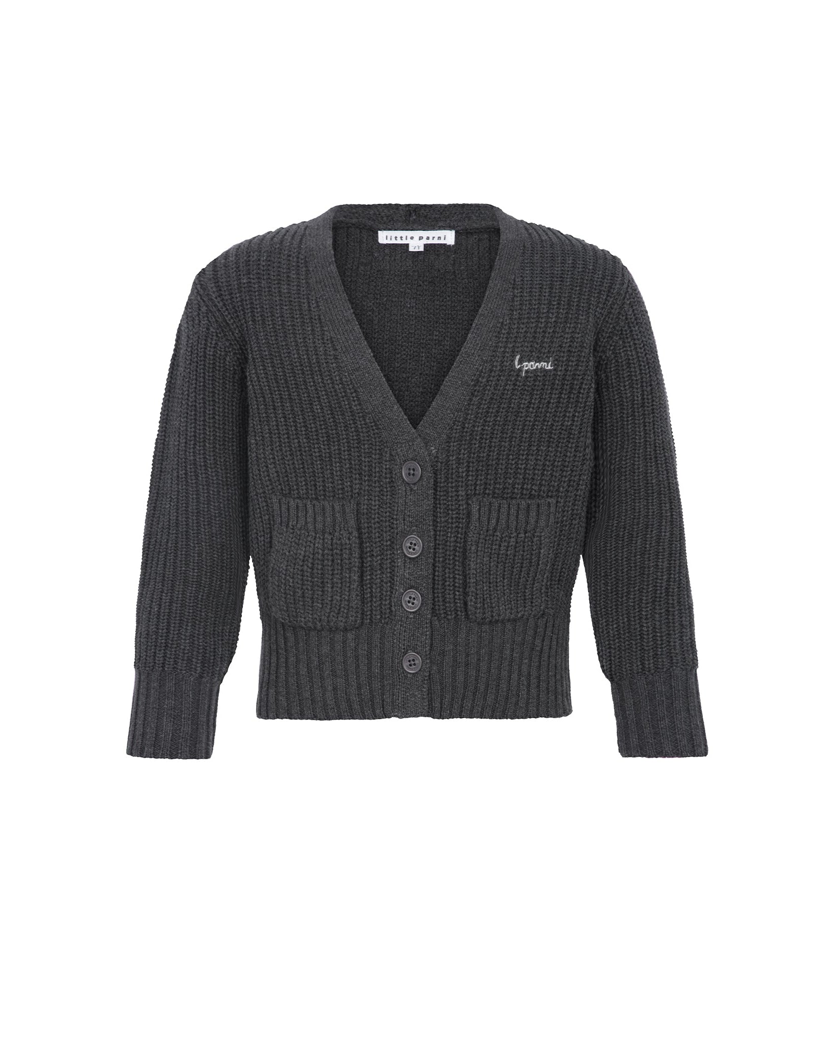 A dark gray ribbed knit cardigan sweater with a V-neck, three-button front closure, and two front patch pockets, shown flat against a white background.
