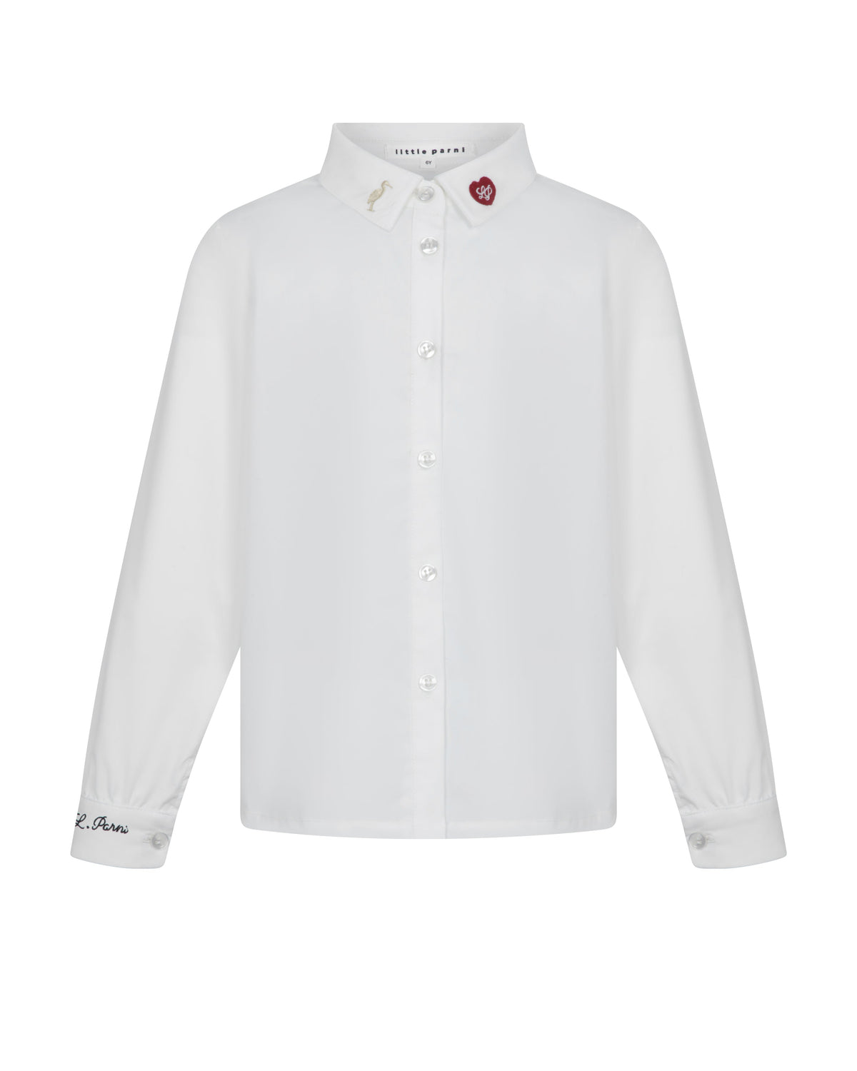 A white long-sleeve button-up shirt with a pointed collar, featuring a small red embroidered heart on the right collar and 'E. Jean Paul' embroidered in black on the left cuff, displayed on a clean white background.