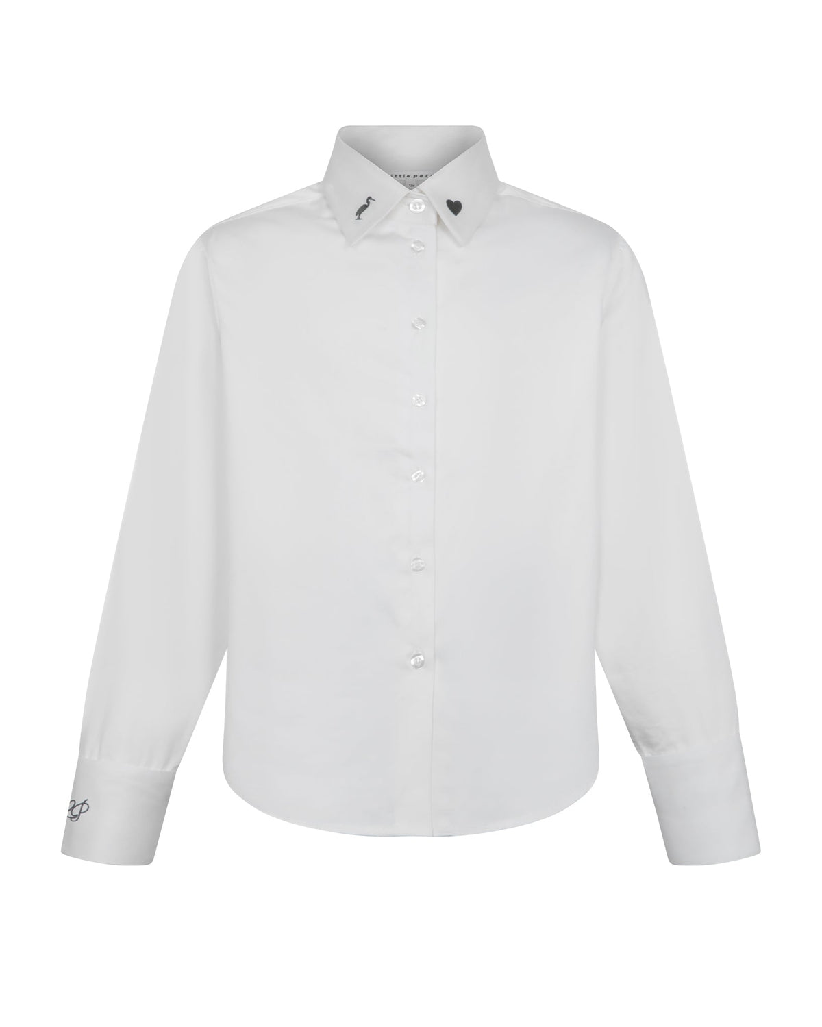 A white long-sleeve button-down shirt with a classic collar, shown on a clean white background.