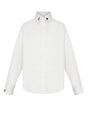 A white long-sleeve button-up shirt with a pointed collar featuring small black heart and dagger embroidery, displayed on a clean white background.