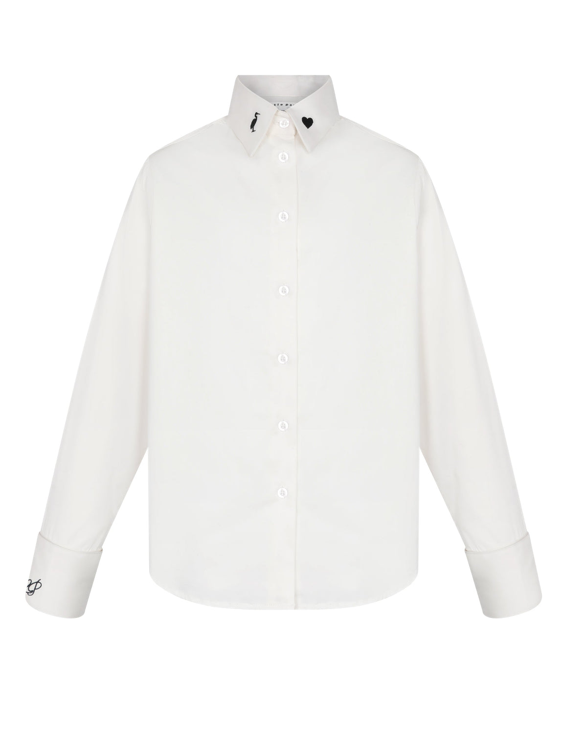 A white long-sleeve button-up shirt with a pointed collar featuring small black heart and dagger embroidery, displayed on a clean white background.