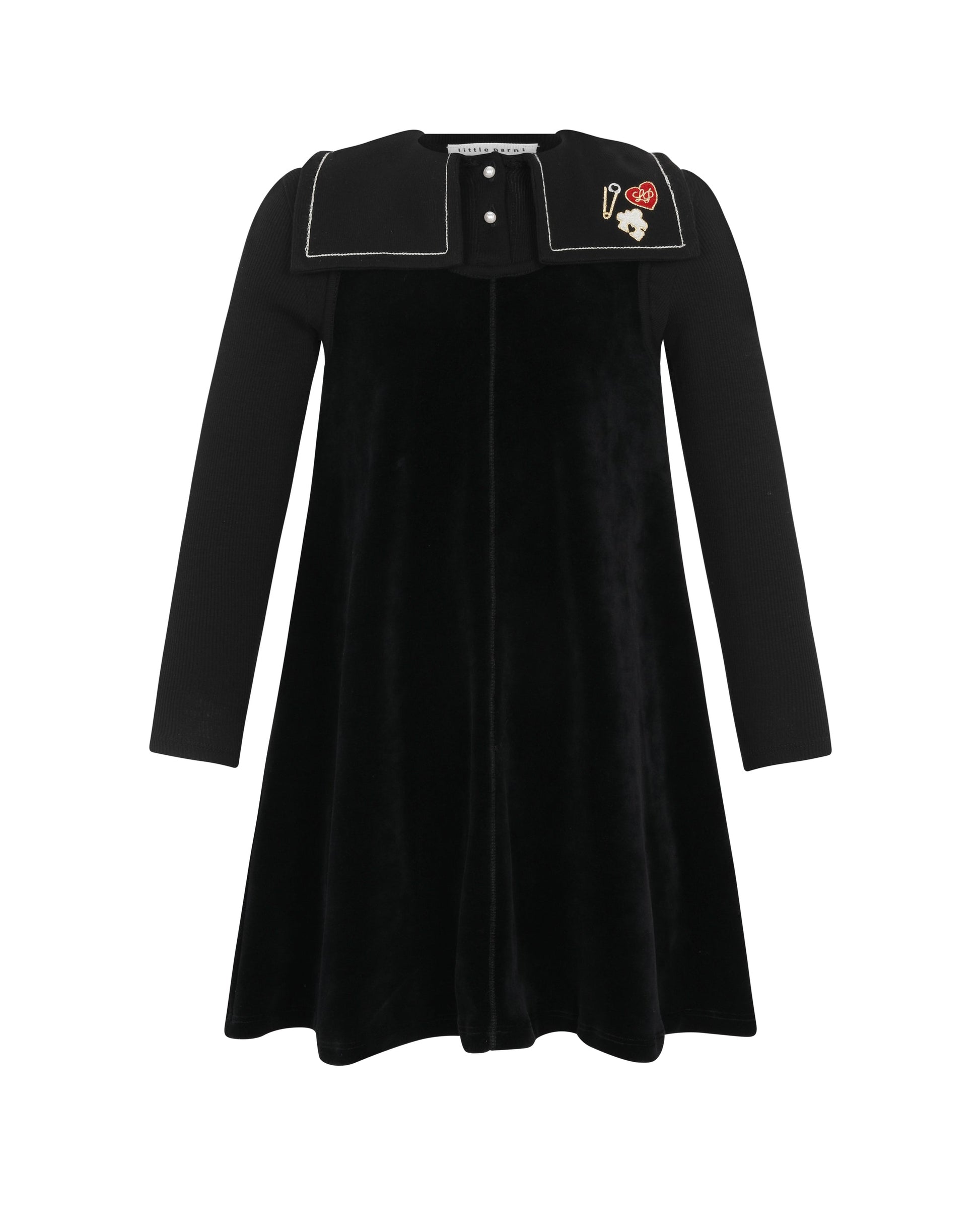 A black long-sleeve velvet dress with a wide collar featuring white piping and a small embroidered floral accent on the right side, shown against a plain white background.