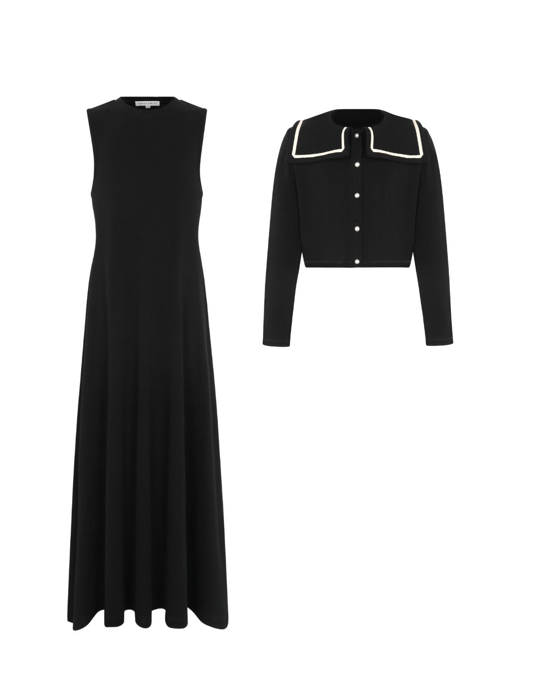 A black sleeveless maxi dress shown next to a matching black cropped cardigan with a white contrast collar and white buttons, displayed on a clean white background.