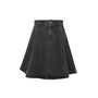 A black washed denim A-line mini skirt with a button closure and belt loops, shown against a plain white background.